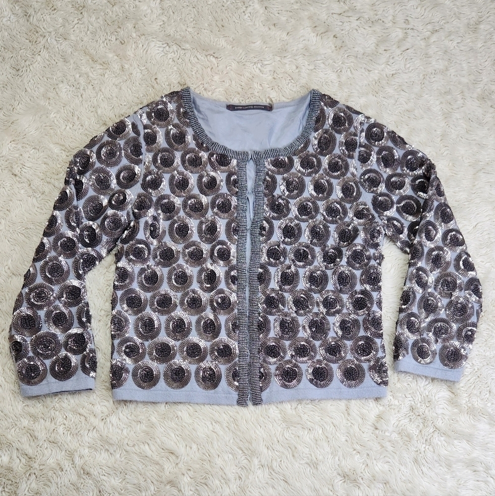 BODEN Limited Edition Beaded Cotton Cardigan Silk lined Gray Blue Silver Size 4 - Picture 3 of 11